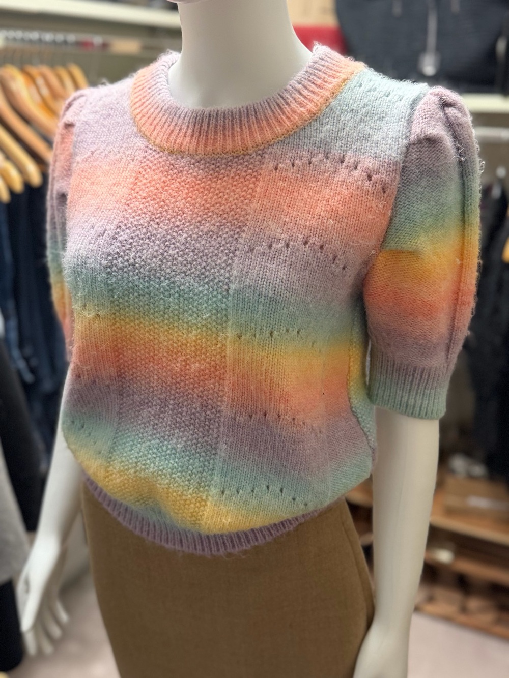 Fluffy English Factory Pastel Striped Puff-Sleeve Crewneck Sweater